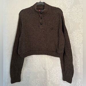 Chaps Dark Brown Cropped Button Up Cowl Neck Sweater Size M (See Description)